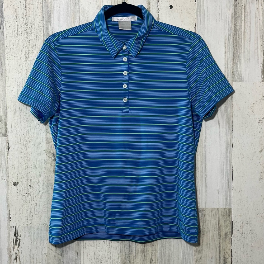 Nike Golf Polo Shirt Womens Medium Green Blue Striped Short Sleeve button Collar